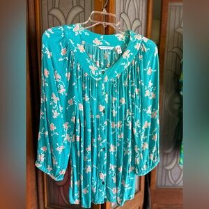 Canyon Retreat Printed Button Front Shirt- Turquoise, Large by Kim Gravel